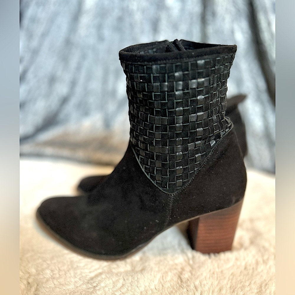 Retro Black Suede Look Woven Ankle Boots